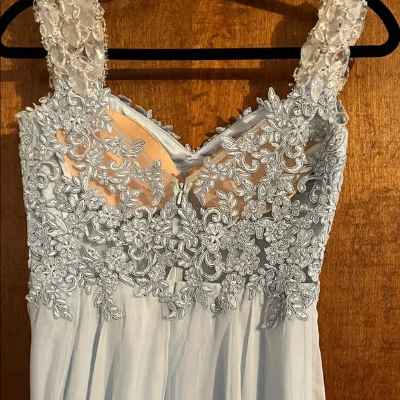 La Femme Light Blue Lace Prom Dress - Picture 5 of 8